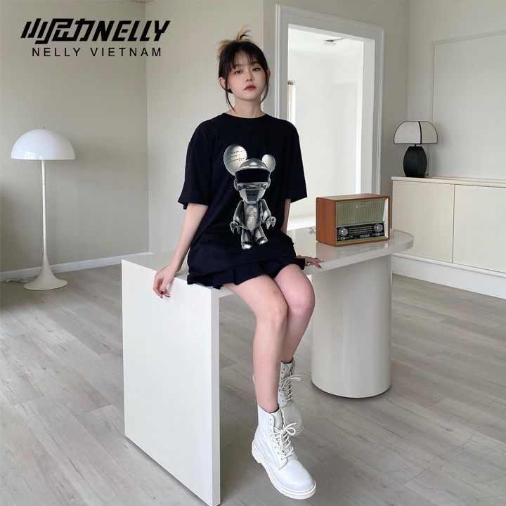 Áo thun nữ NELLY cotton form dáng rộng tay lỡ in hình metal rabbit