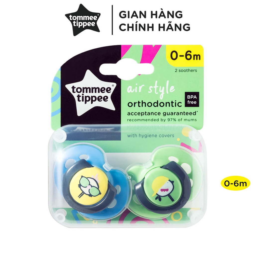 Ty ngậm thoáng khí cho bé Tommee Tippee AIR 0-6 tháng (vỉ 2 cái) - Chim sẻ Xanh