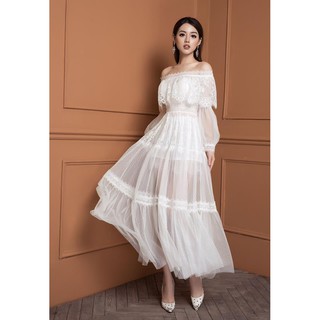 Đầm Maxi dự tiệc phối ren sang trọng CIRINO - Đen họa tiết