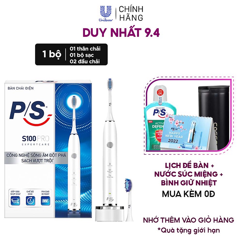 Bàn Chải Điện P/S S100 PRO - Công Nghệ Sóng Âm, Chải Sạch Mảng Bám Tới 10X - Trắng Sáng