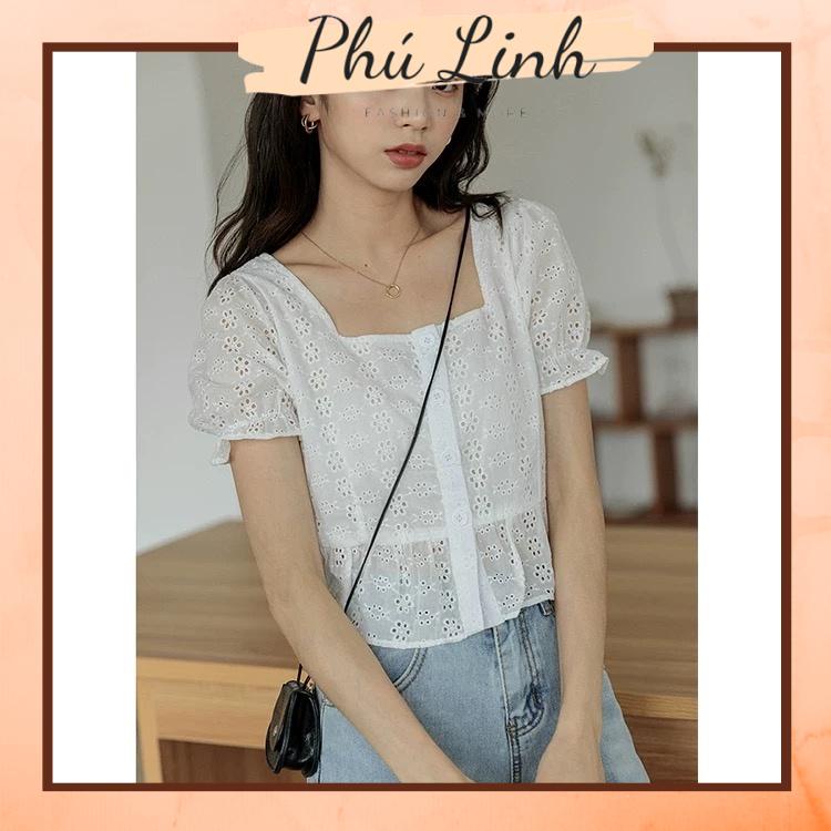 MS701 Áo sơ mi cộc tay cổ vuông tay bồng thêu hoa nổi vintage