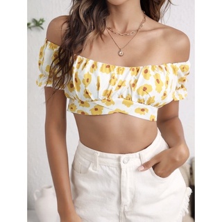 Áo Trễ Vai Croptop Tay Ngắn Cột Dây Phần Lưng Họa Tiết Hoa Vàng Năng Động Dành Cho Mùa Hè Siêu Hot Kèm Ảnh Thật
