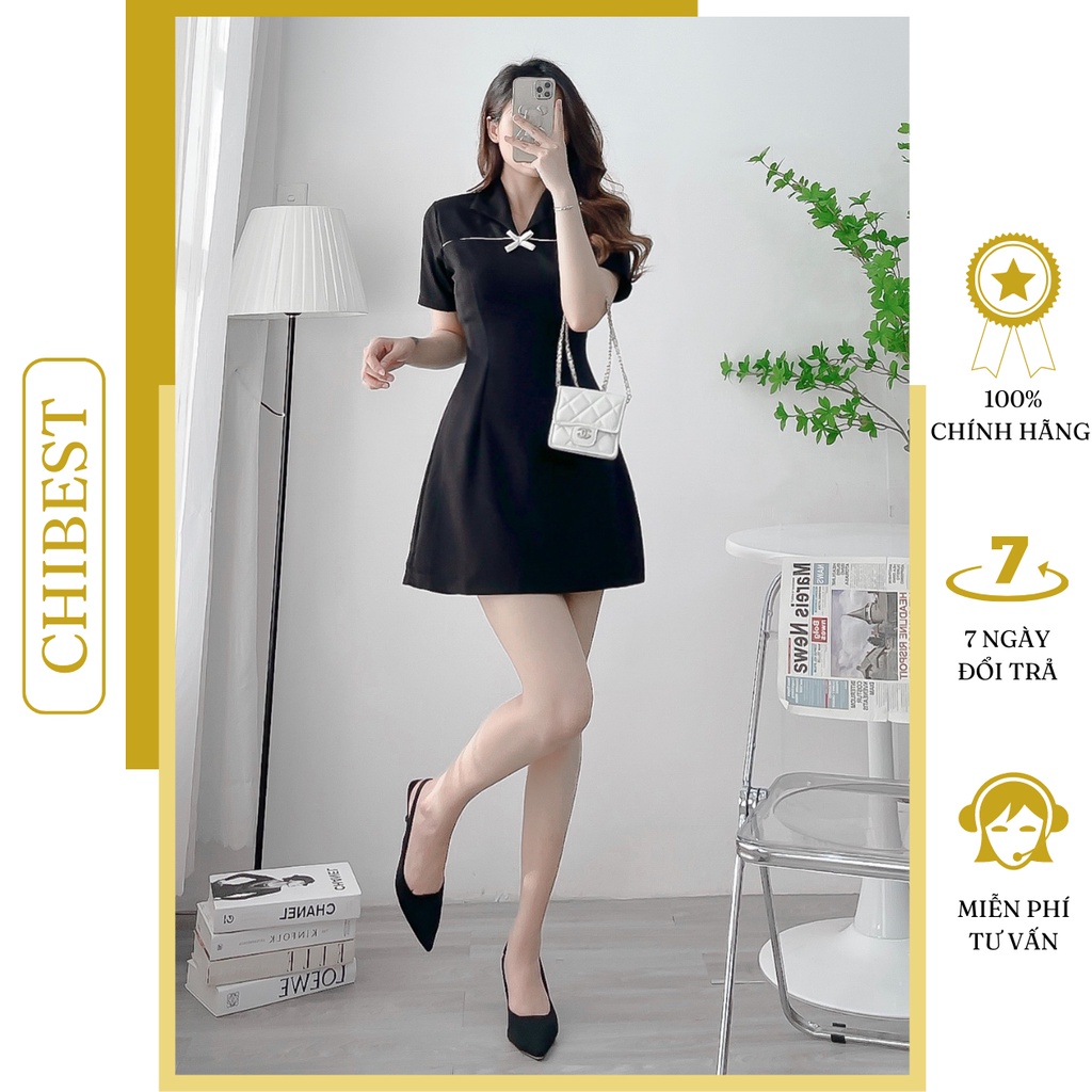 Đầm chữ A phối viền nơ ngực cổ polo chất tuyết mưa CHIBEST HDB91