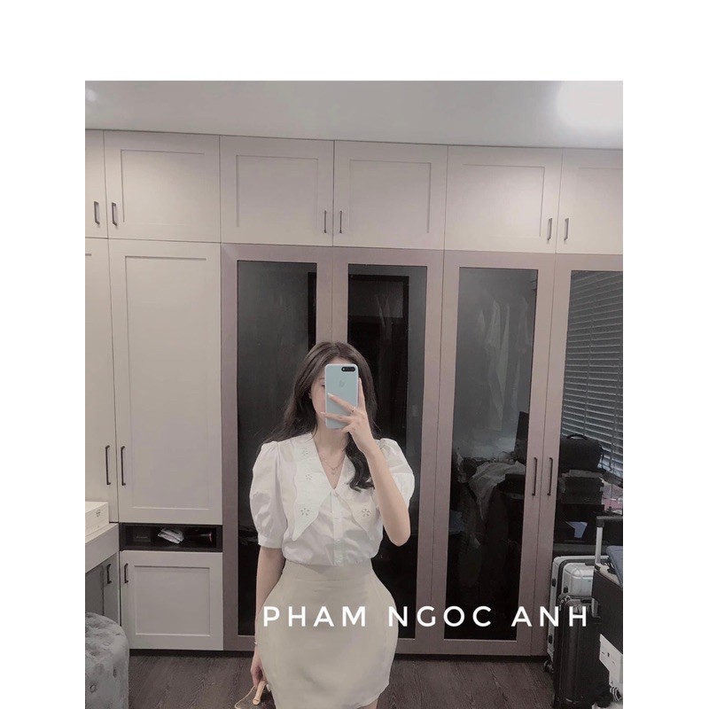 Sơ mi trắng cổ vạt thêu  vnxk