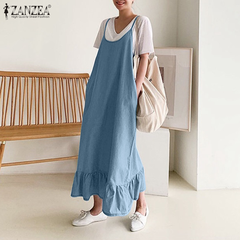 Váy maxi ZANZEA denim màu xanh lam thiết kế không tay có túi hai bên viền váy xếp ly cho nữ