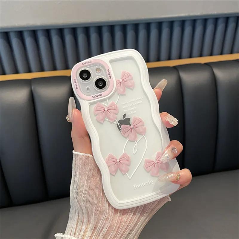 Ốp Điện Thoại Họa Tiết Lượn Sóng Đính Nơ Dễ Thương Gắn Dây Đeo Tay Cho Iphone 13Promax 1112Minixr78Plus