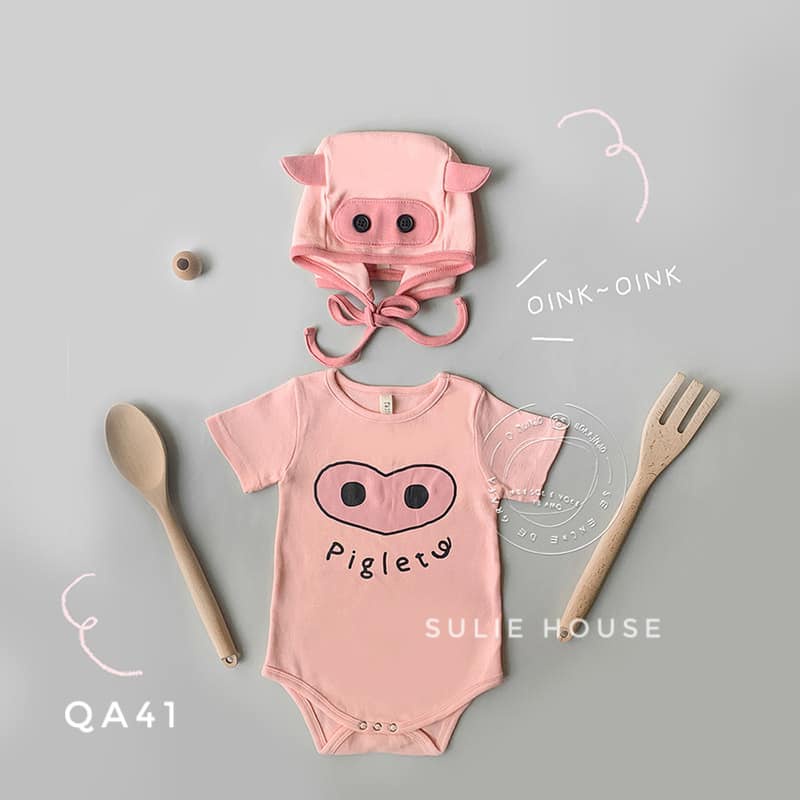 Set body chip cộc heo hồng kèm mũ - QA41