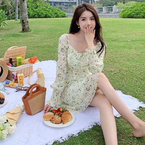 Hàng Mới Về Đầm Chữ a Tay Dài Phồng Cổ Vuông In Họa Tiết Hoa Thời Trang Dành Cho Nữ