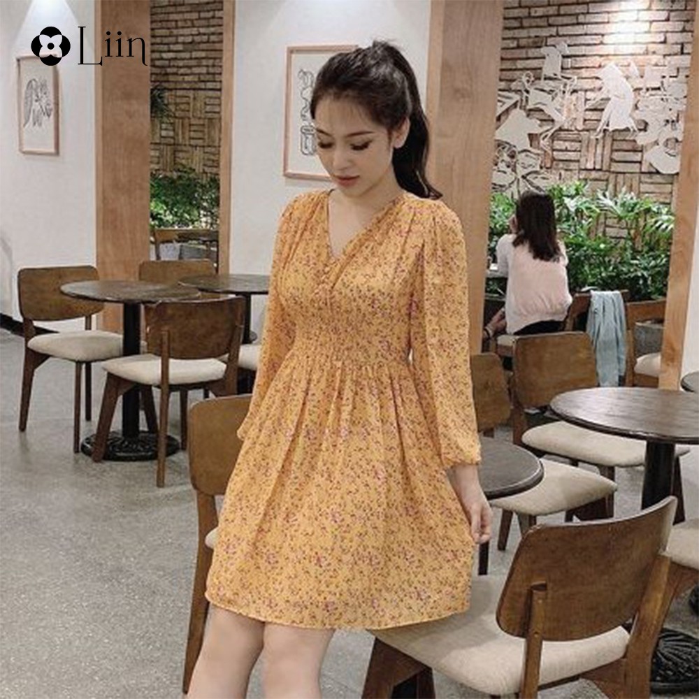 Váy ôm nữ Liin clothing chất liệu lụa cao cấp, họa tiết hoa nhí cổ V đầy điệu đà, nữ tính V0001