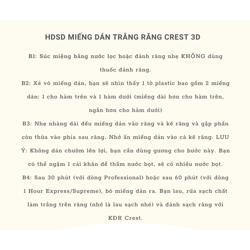 (BILL US) MIẾNG DÁN TRẮNG RĂNG CREST PROFESSIONAL- 1 HOUR EXPRESS.