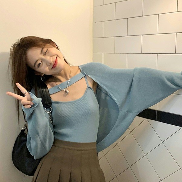 QADCOL Set Áo Dệt Kim Tay Dài Và Áo Hai Dây Thời Trang Cho Nữ