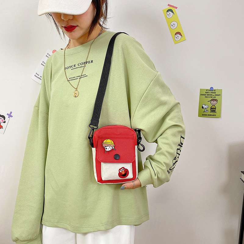 Túi đeo chéo/ Túi đeo một bên vai cỡ nhỏ vải canvas họa tiết hoạt hình Sesame Street ngọt ngào tươi mới cho nữ