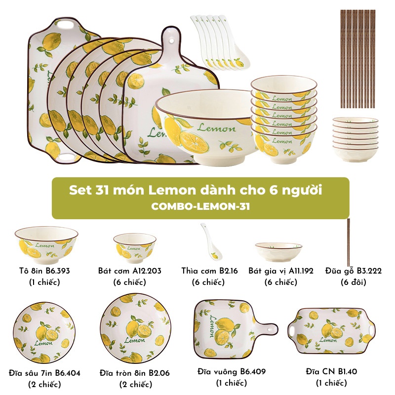 Bát đĩa - Các set bát đĩa họa tiết lemon xinh xắn sang trọng - dành cho gia đình 2-4-6 người