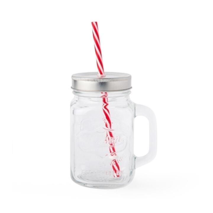 Cốc Thủy Tinh ARTBOX Hàn Quốc Mason Jar Có Ống Hút Màu Đỏ