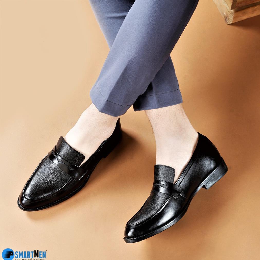 Giày lười công sở tăng chiều cao da bò SmartMen GL04 đen 👞