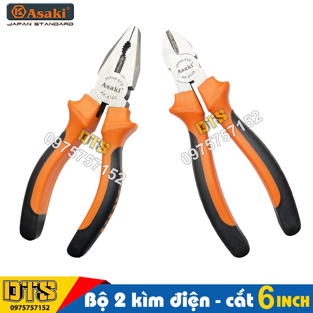 Bộ 2 kìm điện - kìm cắt 6 inch kiểu Đức Asaki, kềm đa năng A+cut Tech thép CR-V siêu cứng bền cắt tuốt dây điện kim loại