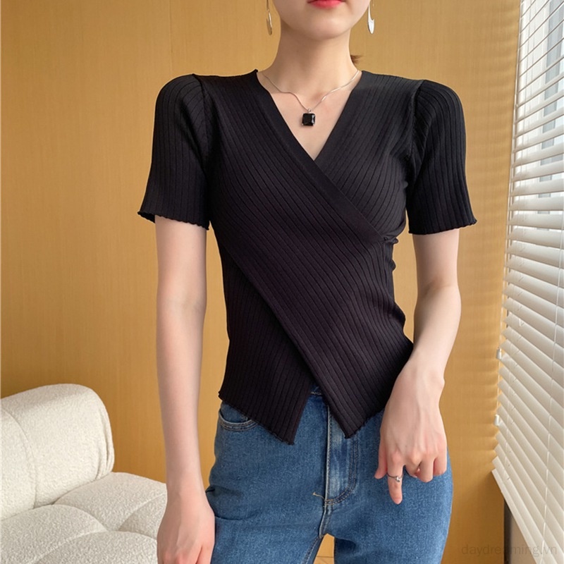 Áo Thun Dệt Kim Tay Ngắn Cổ Chữ V Màu Sắc Trơn Thời Trang Cho Nữ