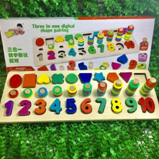 ĐỒ CHƠI GỖ MONTESSORI XẾP CỌC HÌNH KHÔÍ SỐ ĐẾM 3 TRONG 1 (hàng loại 1)