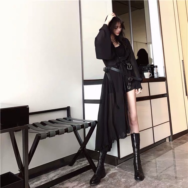 Set Áo choàng đen voan mỏng dài vạt chéo + đai xích Ulzzang siêu chất 😍