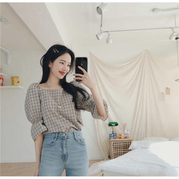 SUXI Áo kiểu tay lỡ hở lưng họa tiết sọc ca rô phong cách Hàn Quốc thời trang dành cho nữ