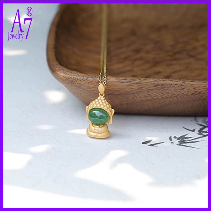 Vòng cổ Mạ Bạc 925 Mặt Hình Phật Đính Ngọc Bích Thời Trang Cho Nữ