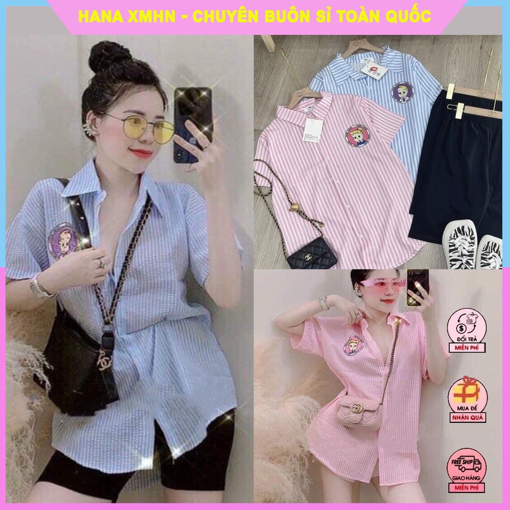 [SƠ MI] Áo Sơ Mi Xốp Cô Gái, Áo Kiểu Nữ Màu Kẻ Phối Chân Váy +Quần Jeans Siêu Sang Chảng