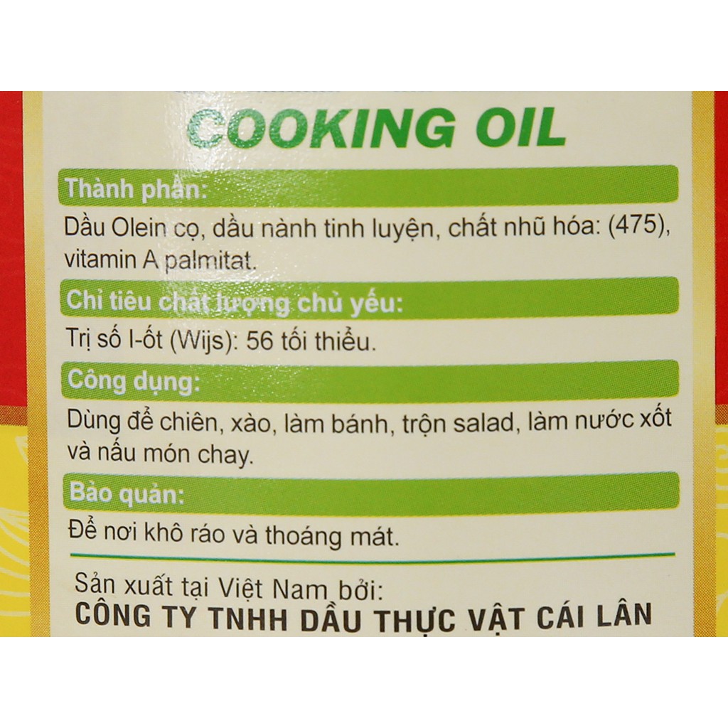 [BÌNH 5 Lít] DẦU THỰC VẬT TINH LUYỆN [VN] CÁI LÂN Cooking Oil