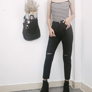 [Size Lớn 26~35] QUẦN BAGGY ĐEN TRƠN/RÁCH GỐI - QUẦN JEANS - LƯNG CAO [HÌNH THẬT]
