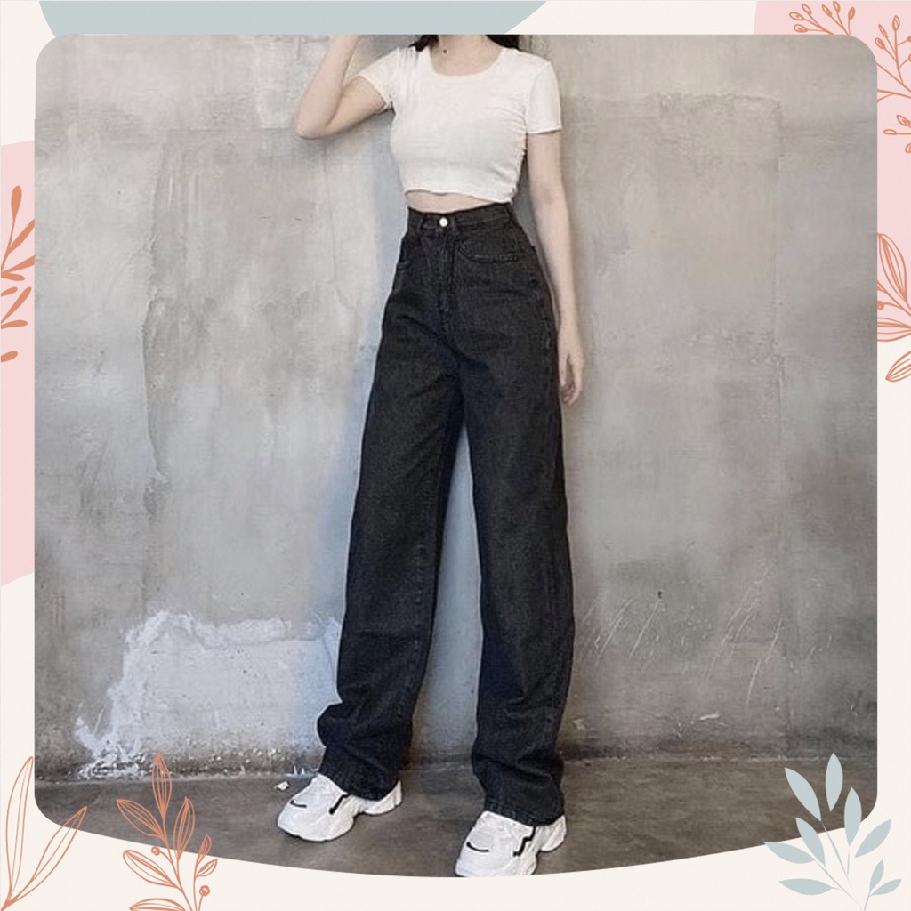Quần Suông Rộng Đen Basic, Lưng Cao, Không Giãn, Dài 105cm