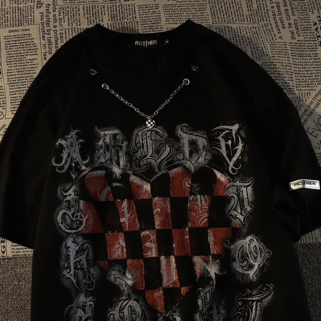 Áo Thun Nam Tay Ngắn In Hình Bàn Cờ Mỹ Phong Cách Retro Đường Phố Phương Tây Niche