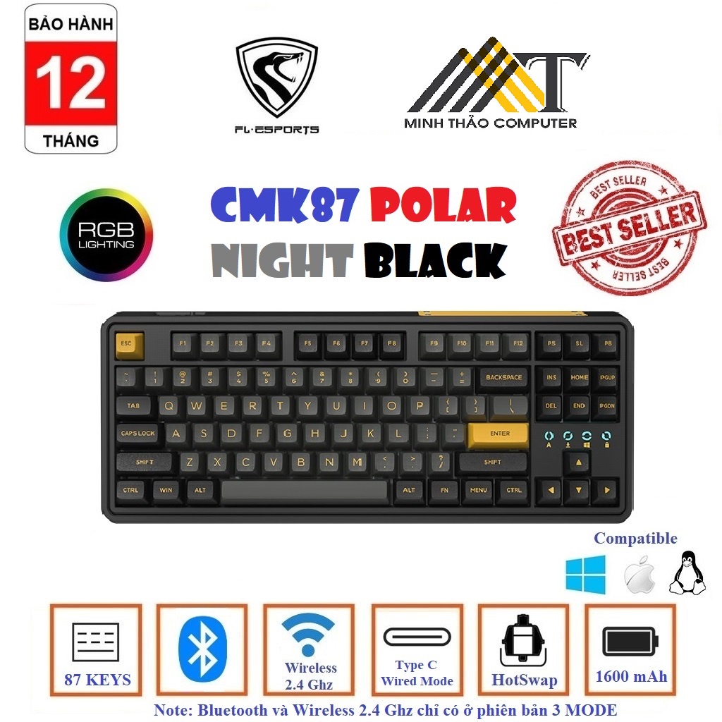 Bàn phím cơ FL-Esports CMK87 Polar Night Black RGB/ Hotswap cam kết chính hãng BH 12 tháng