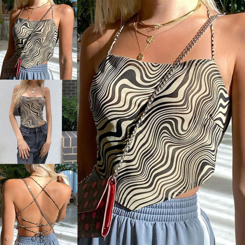 Xiangbao Áo Crop Top Dây Chéo Lưng Gợi Cảm In Họa Tiết Sọc Trừu Tượng Harajuku Sl