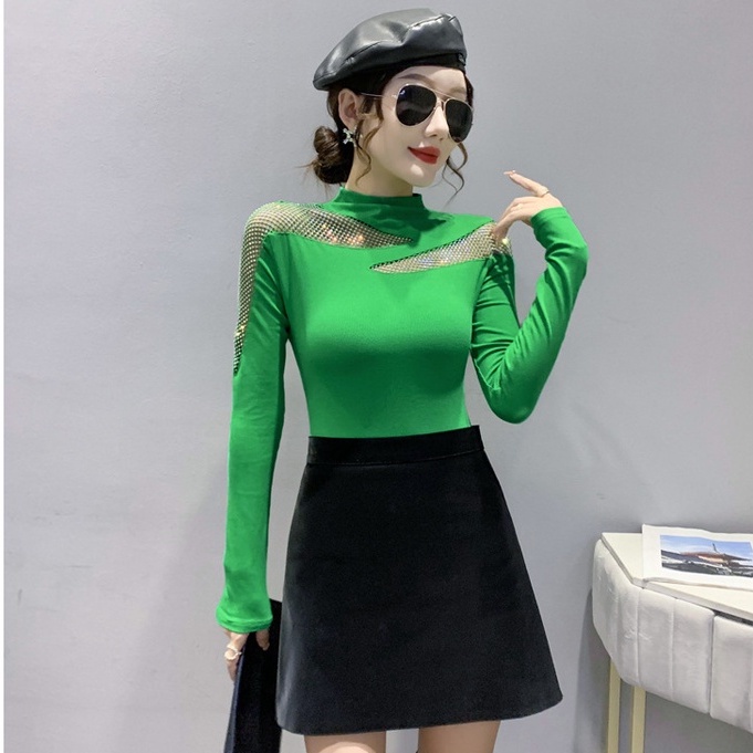 Áo lưới dài tay Áo thun dài tay nữ Cổ Cao Đính Đá Sang Trọng Hợp Thời Trang