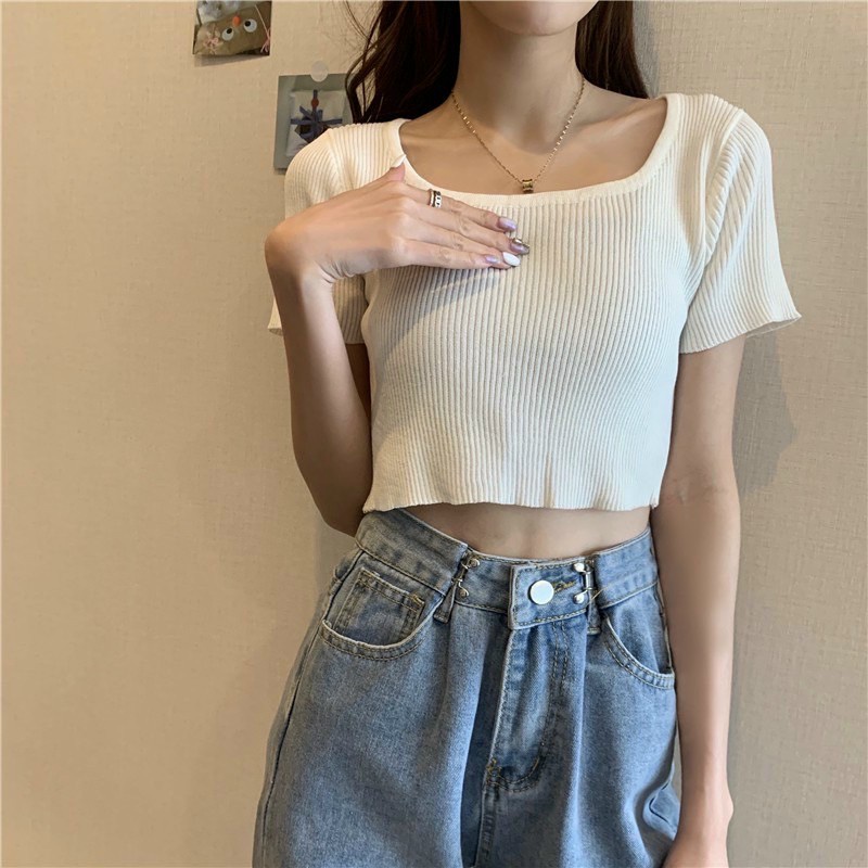 Áo thun gân cổ vuông tay ngắn croptop nhiều màu sắc tươi tắn Mc