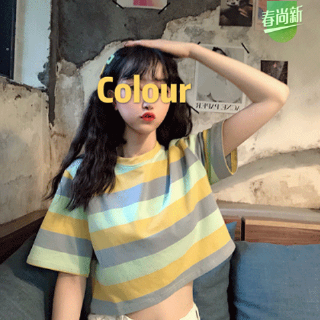 Áo Croptop Tay Ngắn Kẻ Sọc Dáng Rộng Phong Cách Hàn Quốc Cho Nữ