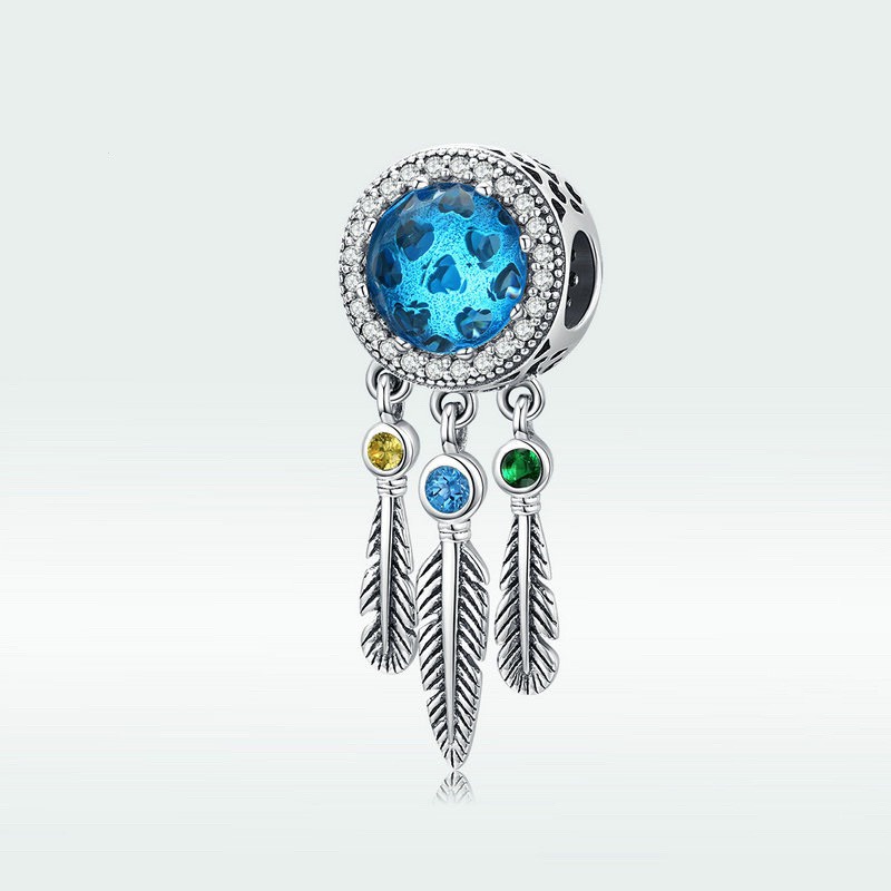 Charm bạc H.A.S hình dreamcatcher đính đá màu xanh - Hạt charm bạc thời trang