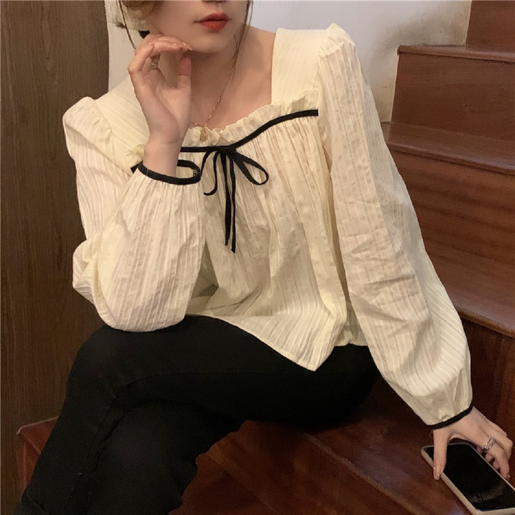 Áo babydoll cổ kiểu bèo phối nơ tiểu thư (hàng QC) - Ảnh thật