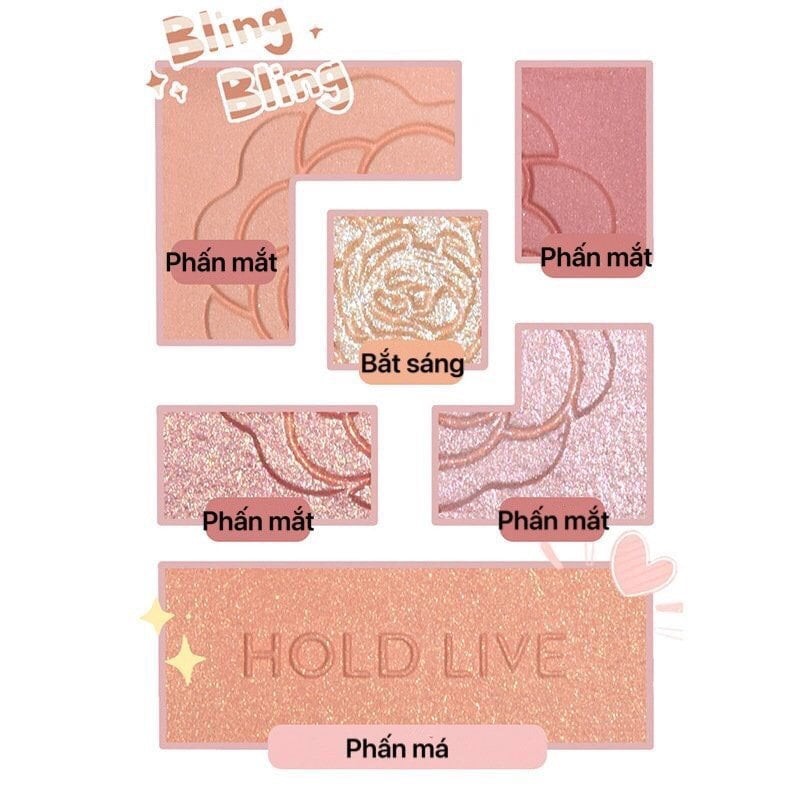HOLD LIVE - Bảng phấn mắt má highlight 6 màu Favorite Silk Satin Eyeshadow tông cam đào hồng đất
