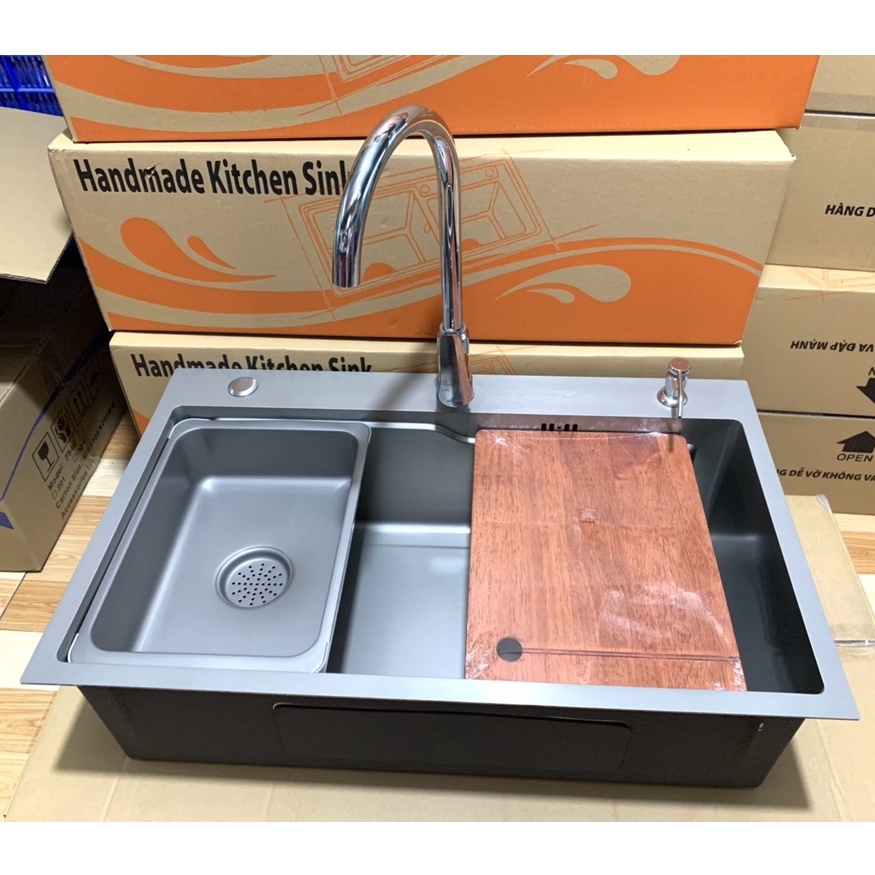 Chậu rửa chén, bát đơn cao cấp inox 304 1 hố lớn, kích thước 75 x 46 cm.( BộSP: Chậu lớn+ thớt+ khay