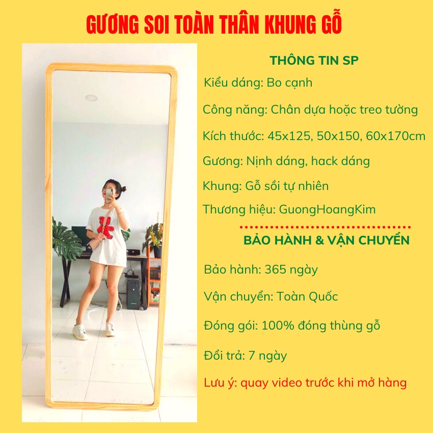 Gương soi toàn thân khung gỗ có chân bo cạnh,decor shop thời trang nịnh dáng, kích thước 60x170cm guonghoangkim mirror