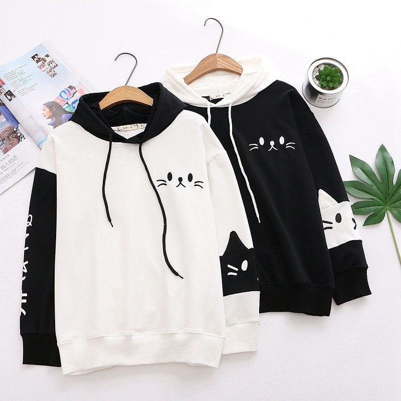 ÁO KHOÁC HOODIE NỈ BÔNG NỮ IN MÈO CHỮ NHẬT CÁNH TAY SIÊU DỄ THƯƠNG-NL04 | BigBuy360 - bigbuy360.vn