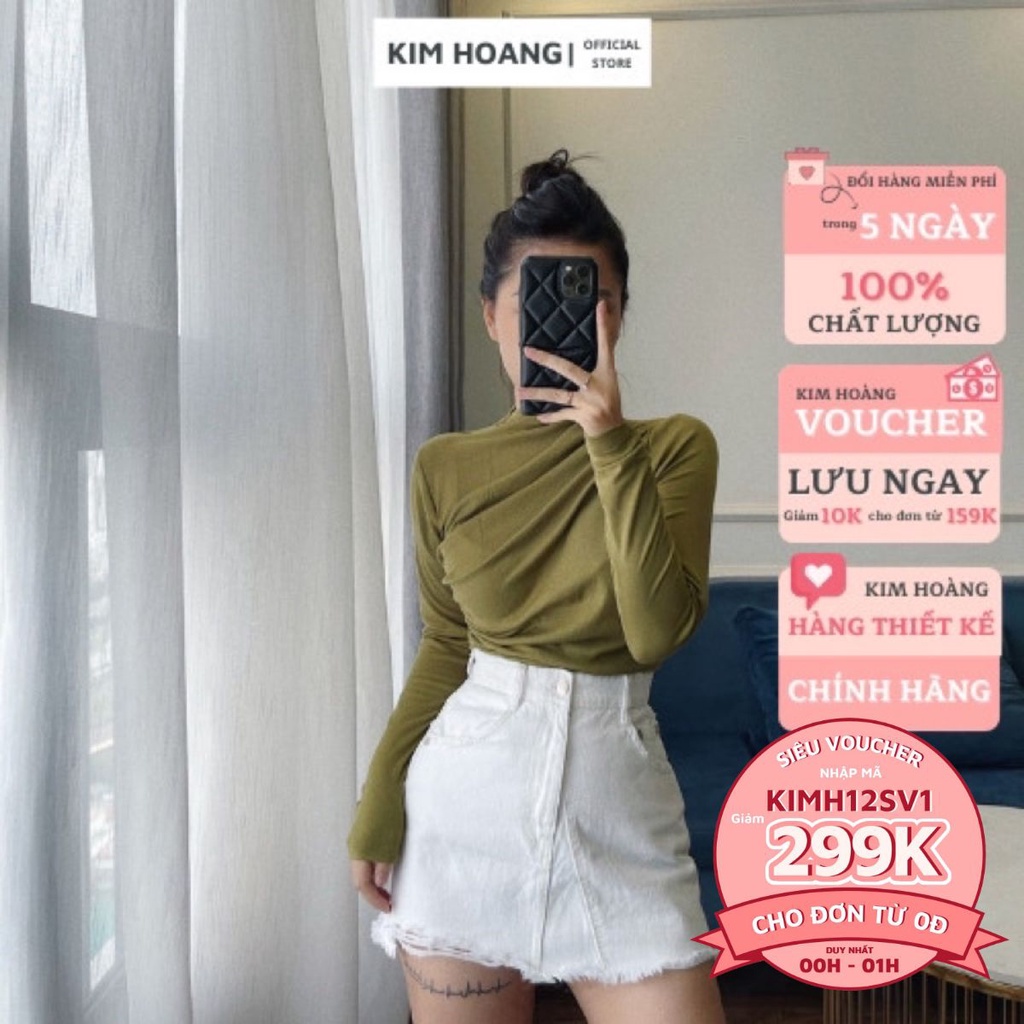 Áo thun ôm body dài tay cách điệu ở cổ cotton co dãn 4 chiều