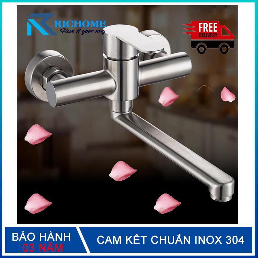 Vòi rửa chén bát nóng lạnh gắn tường  OS633 inox 304 nguyên khối cần xoay 360 độ - Bảo hành 3 năm toàn quốc