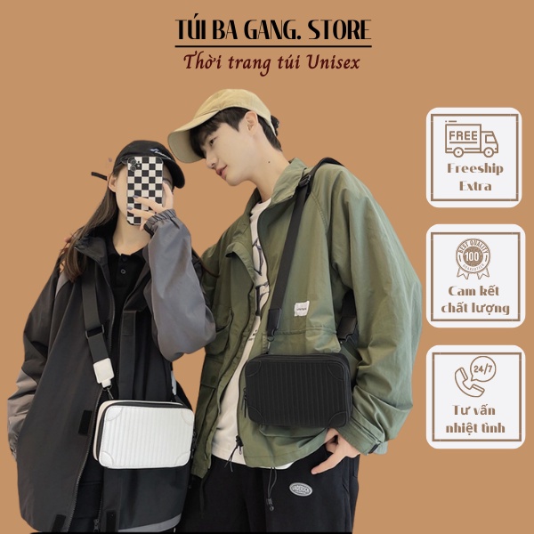Túi da nam nữ dạng hộp unisex sóng nhăn, Túi đeo chéo da PU cao cấp đựng vật dụng cá nhân