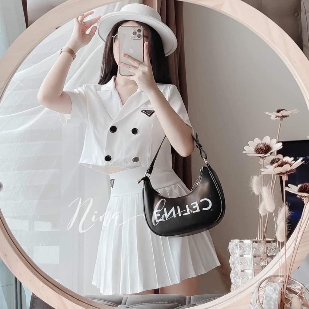 SET VEST CRT MIX CHÂN VÁY XẾP LY KÈM TAG PRADA