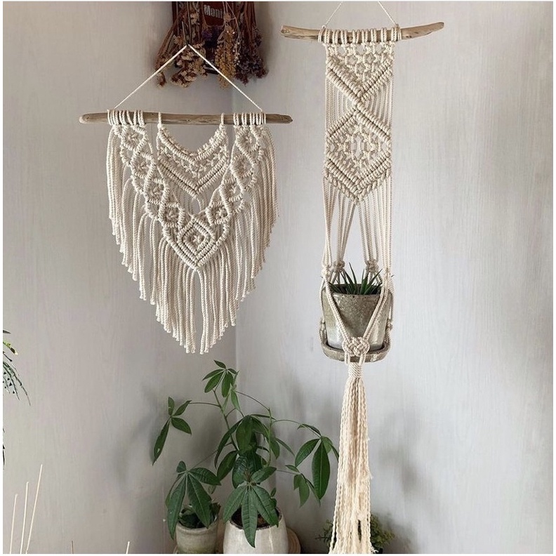 Combo dây treo chậu cây+ mành treo tường Macrame trang trí sân vườn, nhà cửa