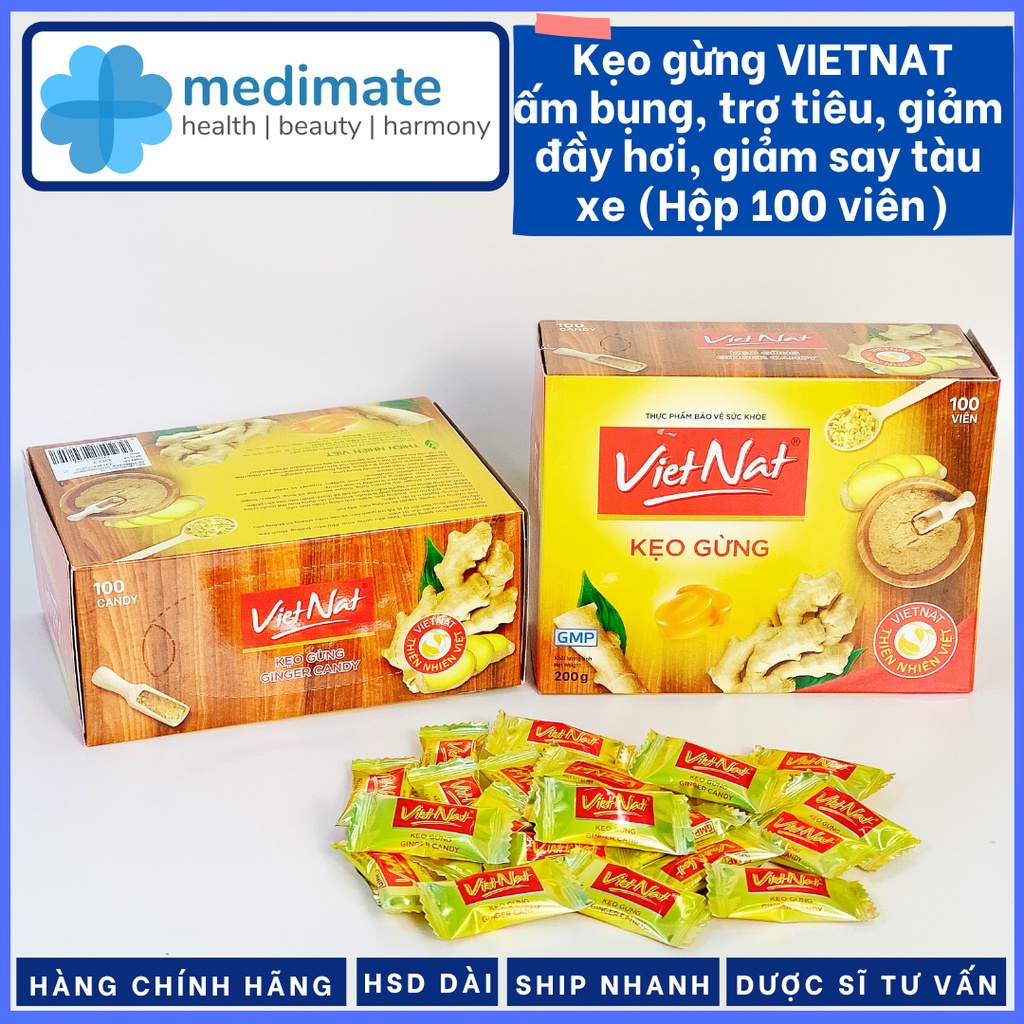 Kẹo gừng VIETNAT giúp ấm bụng, giảm nôn, giảm khó tiêu, trợ tiêu hóa (Hộp 100 viên)