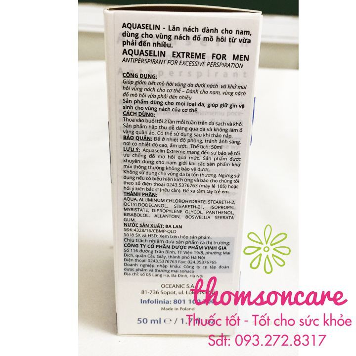 Lăn nách không mùi Aquaselin lọ 50ml - lăn khử mùi hôi cho cả nam, nữ, không vàng áo, thâm, đổ mồ hôi