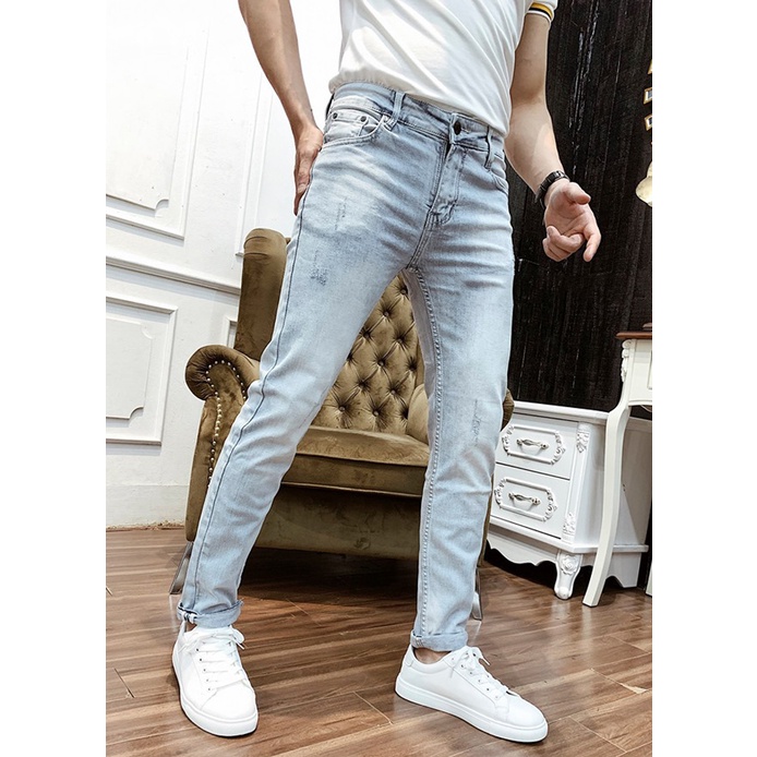 Quần Jeans Nam Dáng Ôm Ống Côn Màu Xanh Chất Co Giãn Nhẹ Không Xù Lông Không Bai Gião