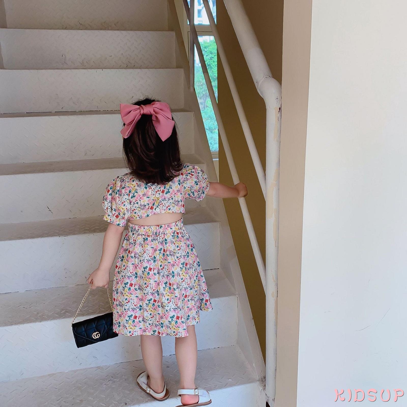 Đầm Tay Phồng Cổ Tròn In Hoa Dễ Thương Thời Trang Mùa Hè Cho Bé Gái